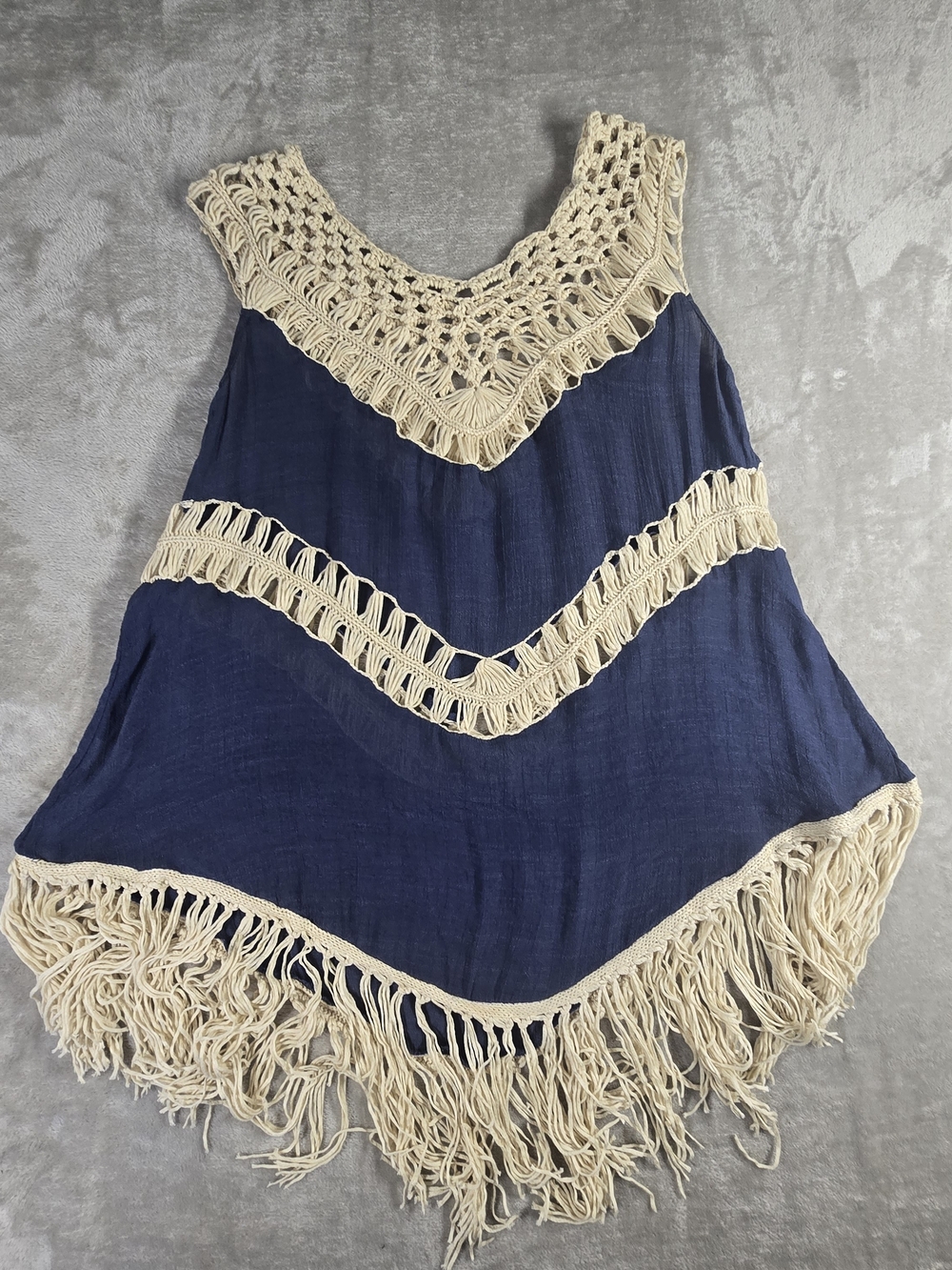 Umgee USA Boho Crochet Fringe Tunic Top Navy Cream Small - Picture 3 of 11